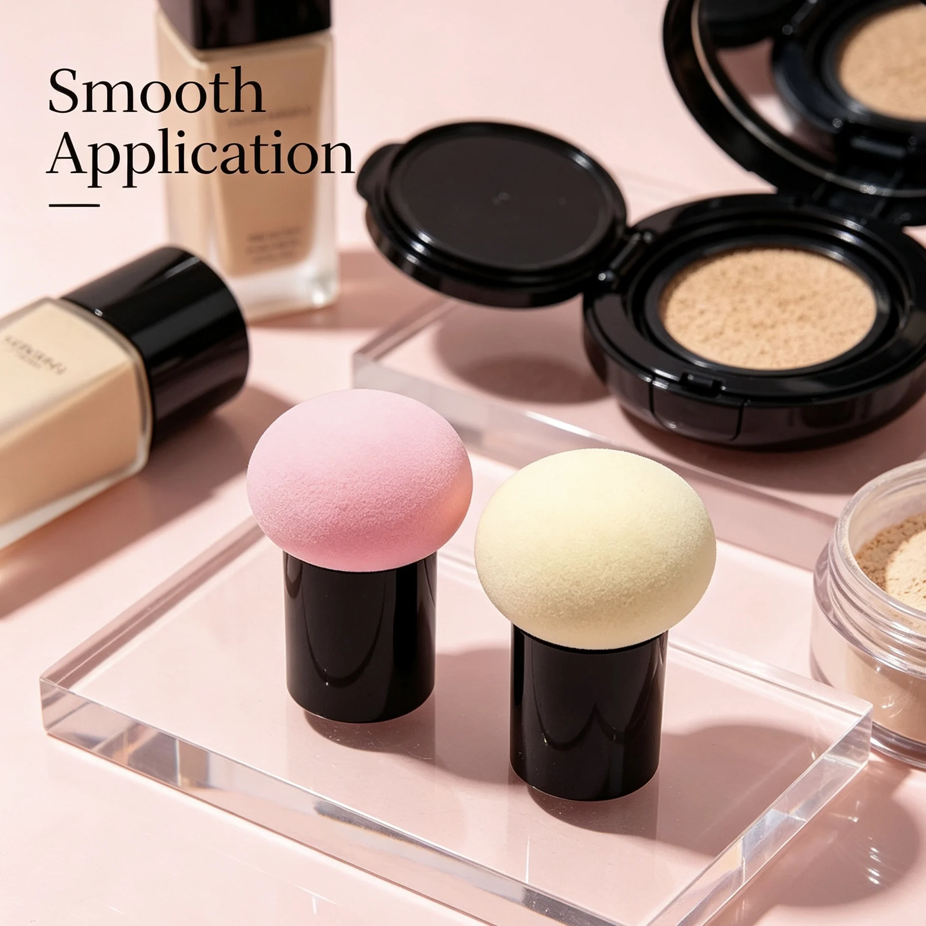 Mushroom-shaped powder puff, suitable for both dry and wet use, featuring a soft, air-filled cushion.