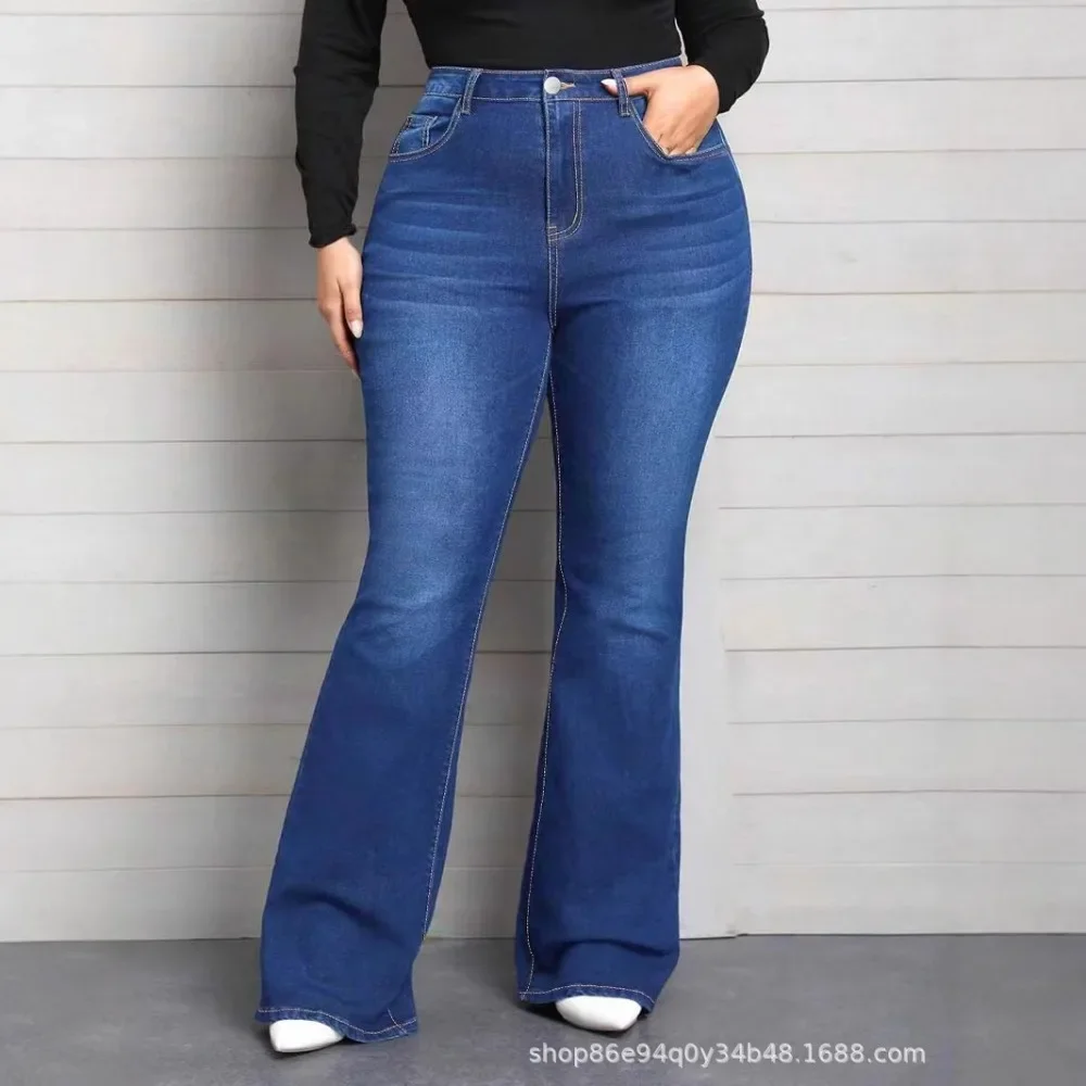 Blue Classic Fashion Flare Pants Comfort Micro Stretch Mid Waist Jeans Women Plus Size Trousers Casual Elastic Gym Sports Pant