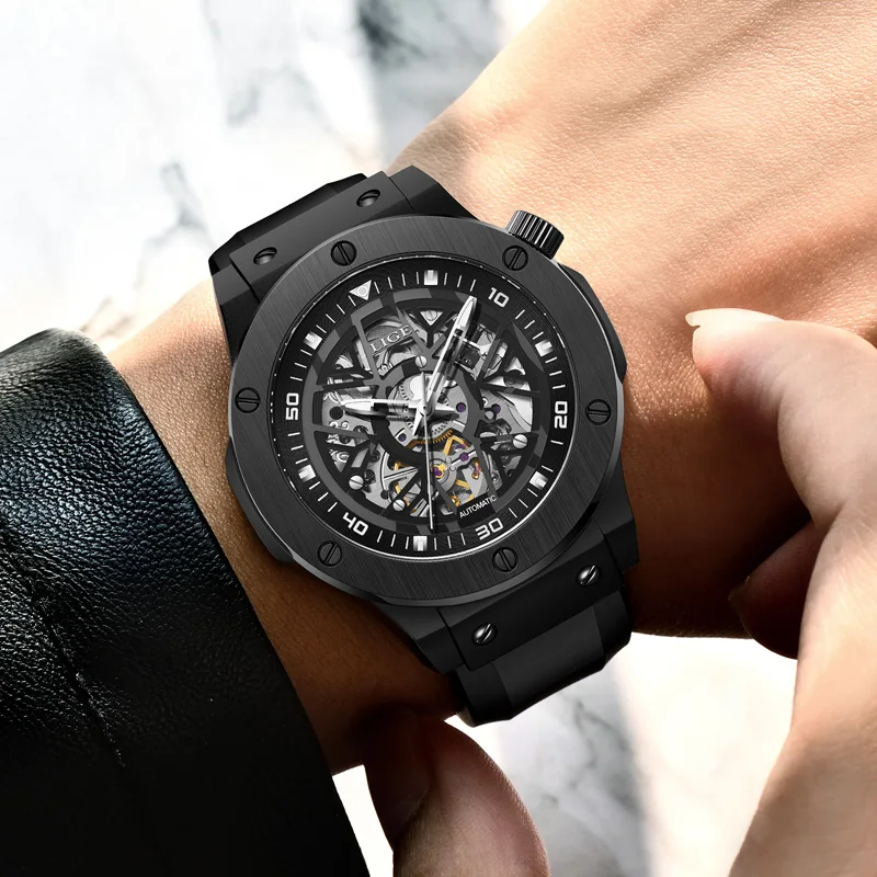 LIGE توربيون ساعات العلامة التجارية الفاخرة سيليكون الرجال الساعات موضة ساعة يد تعمل بالحركة التلقائية رجل مقاوم للماء ساعة اليد الميكانيكية