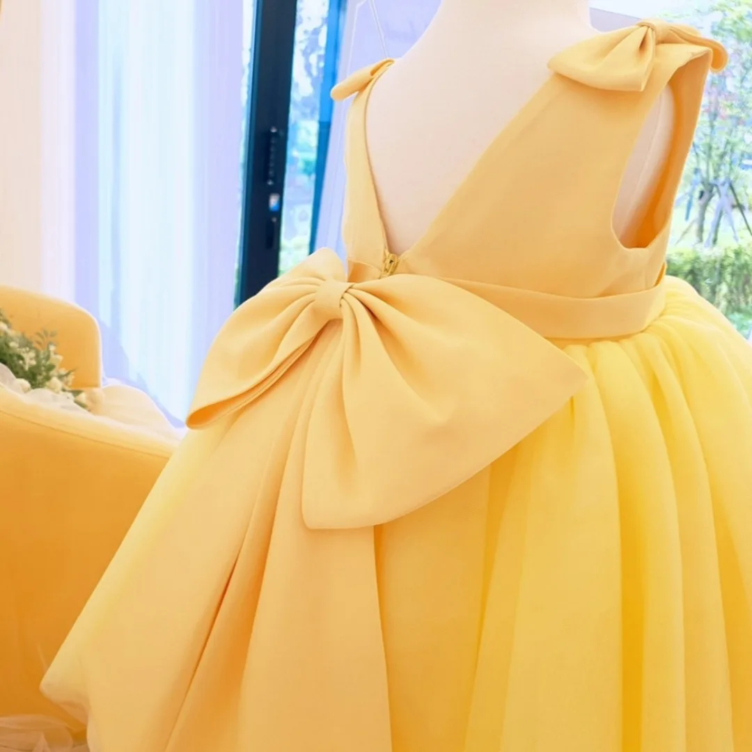 Baby Dress 1st birthday Party Dress yellow Bow Reveal back Princess Dress Flower girl wedding dress Girls Dress Children's wear