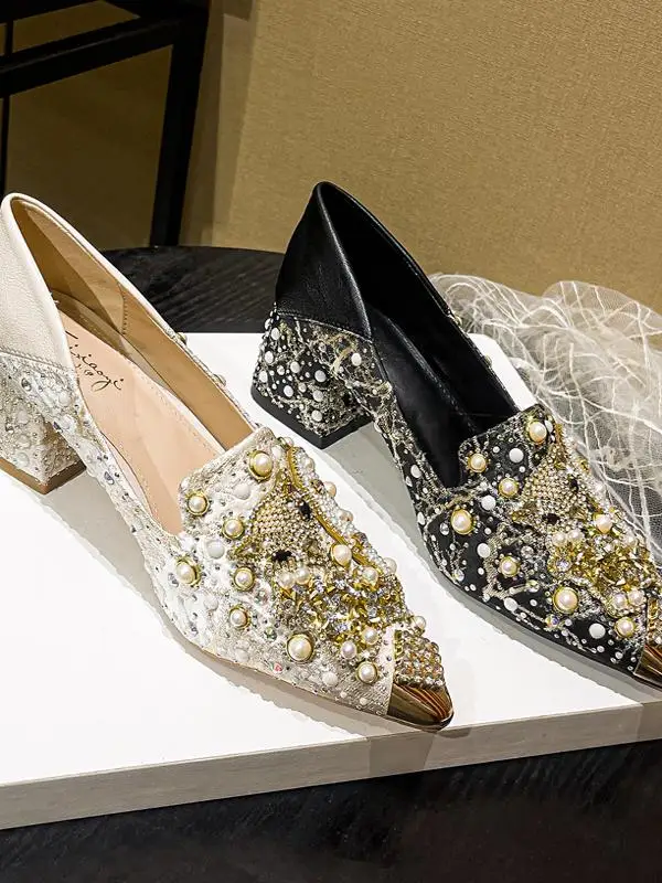 Handmade Fashionable Diamond Stiletto Heels Women's Shoes Spring Summer New Style High Heels Sharp Pointed Toe Rubber Sole