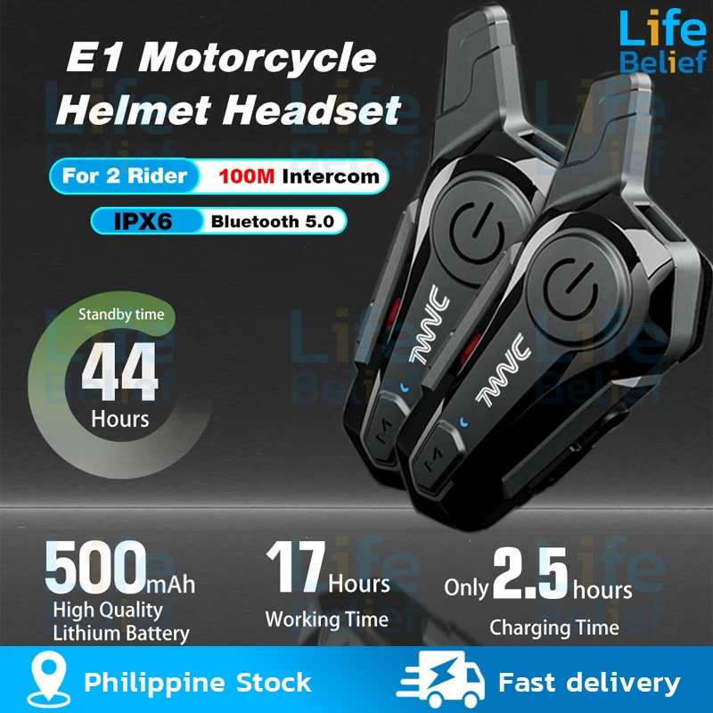 

E1 Bluetooth Intercom Motorcycle Helmet Bluetooth Headset for 2 Rider Moto Interphone Wireless