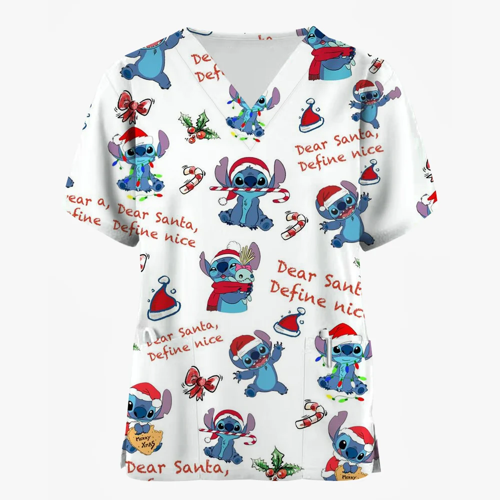 Surgical gown holiday Disney Stitch Christmas print style pocket design surgical gown women's V-neck short sleeved nurse medical