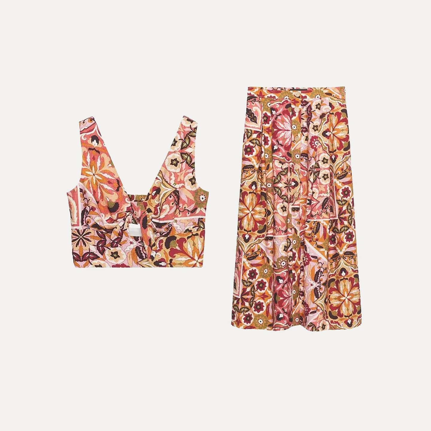 กระโปรงทรงเอเอวสูงสำหรับผู้หญิง พร้อมกระดุมตกแต่ง ชุดแฟชั่นฤดูใบไม้ร่วง 2025 เสื้อเอเลท็อปดีไซน์ผูกโบว์ ชุดสองชิ้น