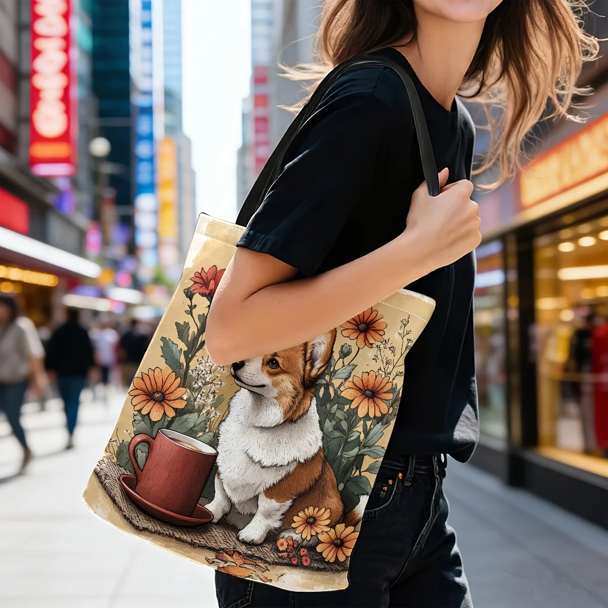 Tote Bag, Vintage Pastoral Floral Corgi Coffee Illustration Tote Bag, Large Capacity for Casual Storage, Supermarket Shopping,