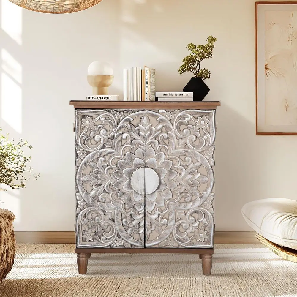 

Винтажный деревянный шкаф для хранения с акцентными элементами, 2 двери, коричневый и серебристый, для прихожей, столовой и гостиной