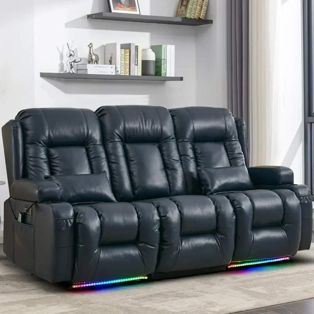 

Recliner Sofas, LED Ambient Light, Flipped Middle Backrest/Bluetooth Speakers/USB/Built-in Outlets, Faux Leather Theater Seating