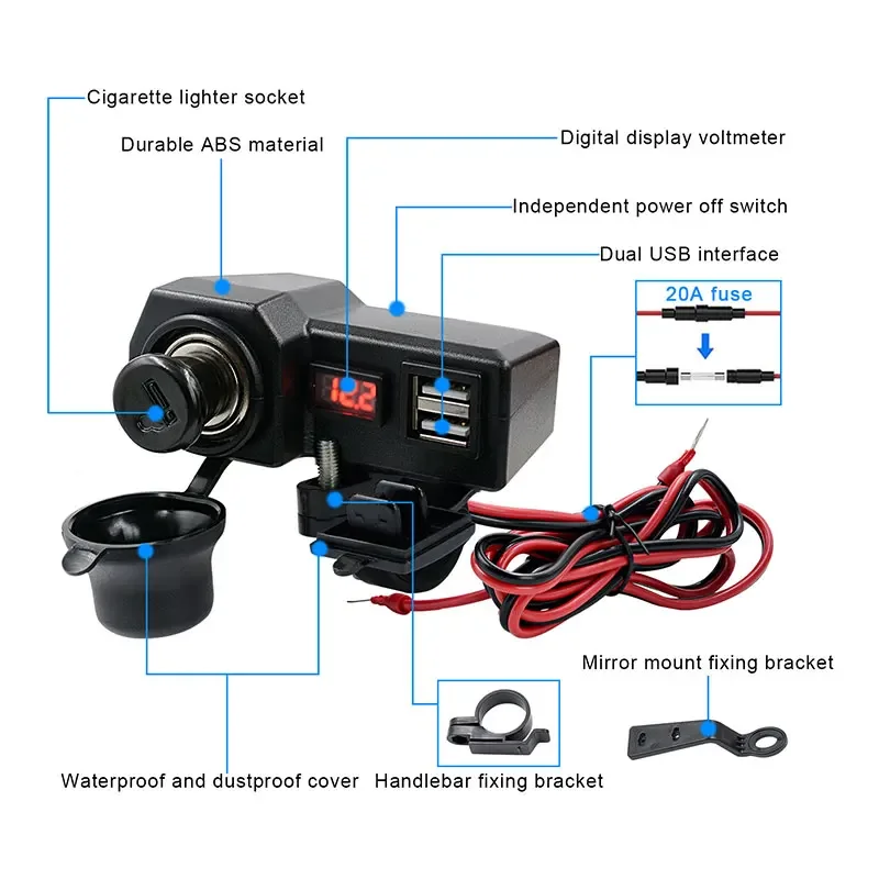 Устройство зарядное мотоциклетное с двумя USB-портами и индикатором температуры и напряжения