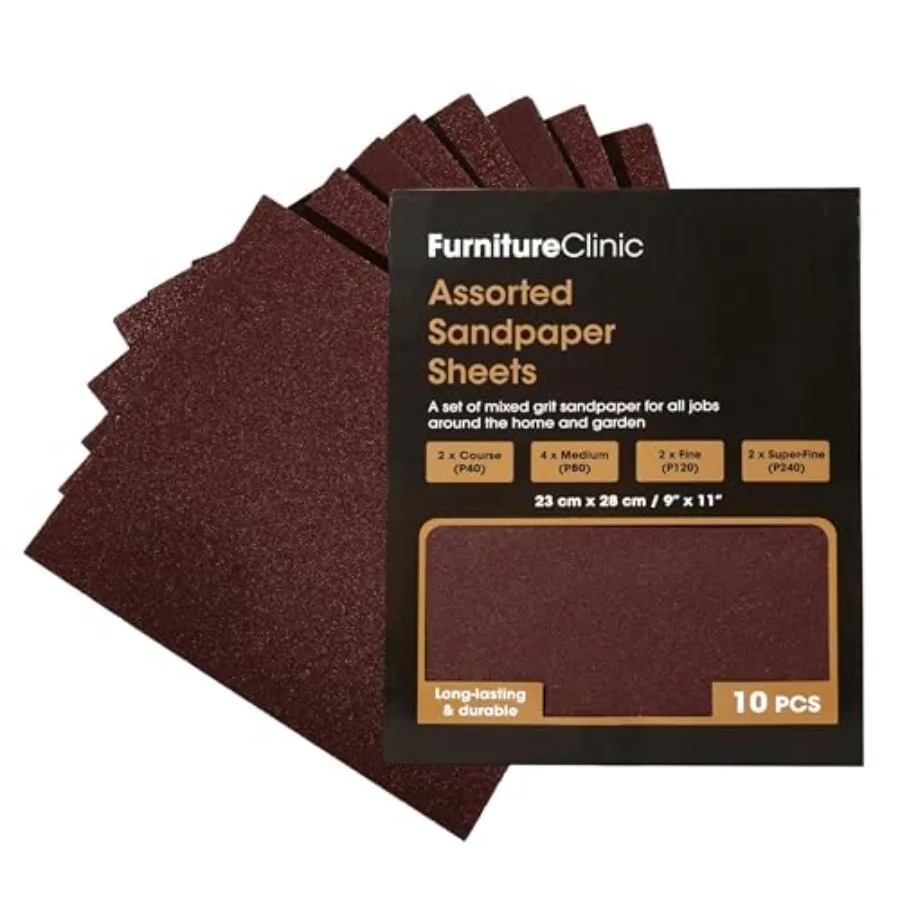 Pack of 10 Sandpaper Sheets for Wood, Walls, Metal and Furniture - for Hand, Sanding Block or Sander Use - 2 x Coarse, 4 x Medi