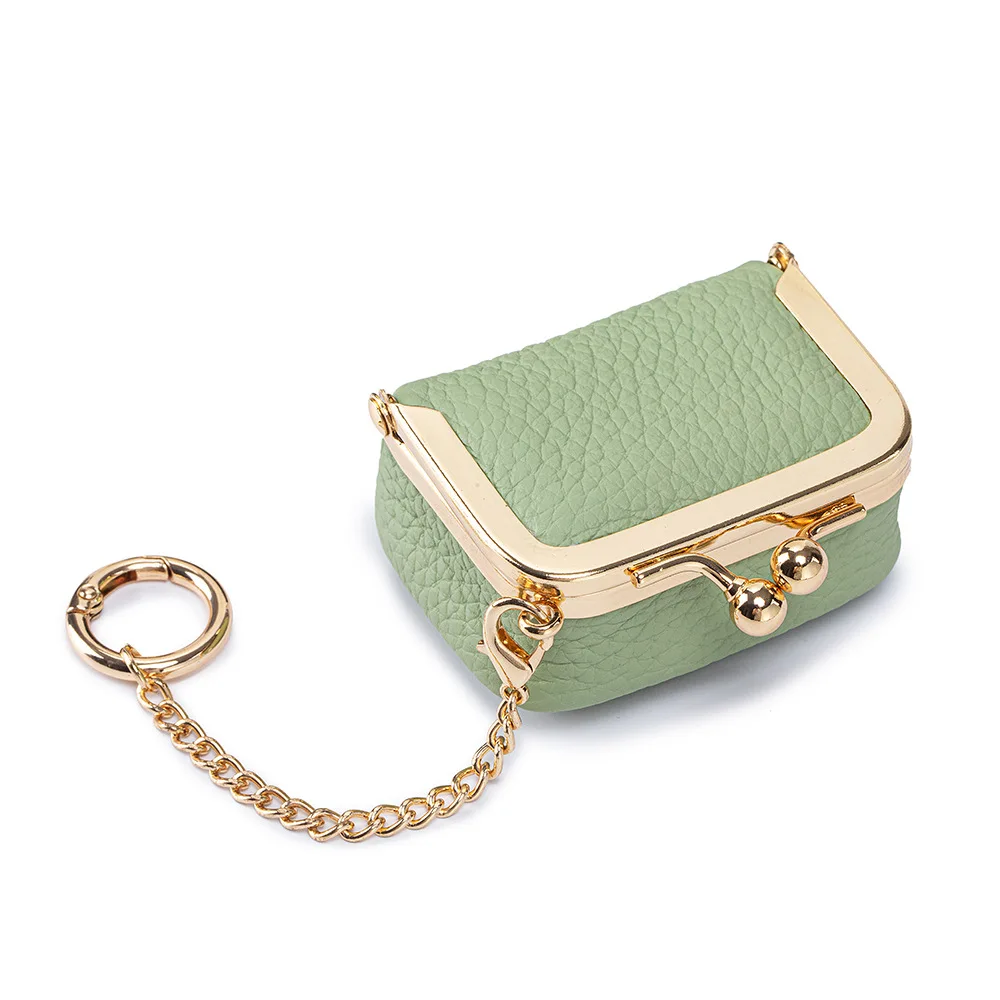 Ladies Tiny Genuine Leather Kiss Lock Purse with Chain Ring Mini Clasp Pouch for Coins Rings Earrings Small Accessories Storage