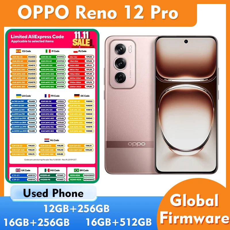 OPPO Reno12 Pro 5g هاتف ذكي أندرويد أصلي وحدة المعالجة المركزية الأبعاد 9200 + شاشة 6.7 بوصة كاميرا 50 ميجابكسل بطارية 5000 مللي أمبير هاتف مستعمل