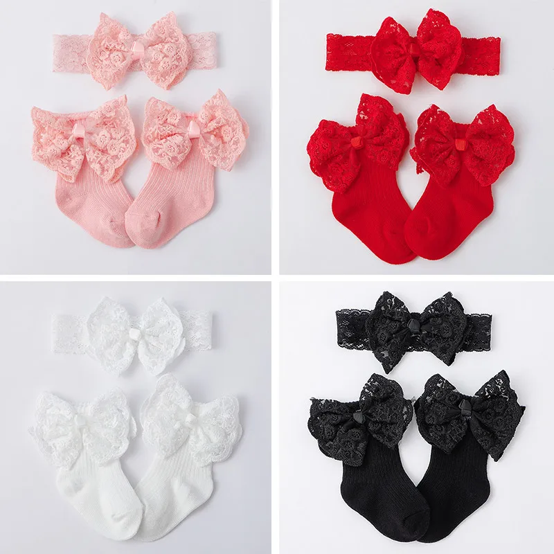 2 шт./компл., детские носки с кружевным бантом и повязкой на голову, весенне-осенние милые эластичные головные уборы для девочек, головные уборы для детей 6-12 месяцев, хлопковые носки средней длины