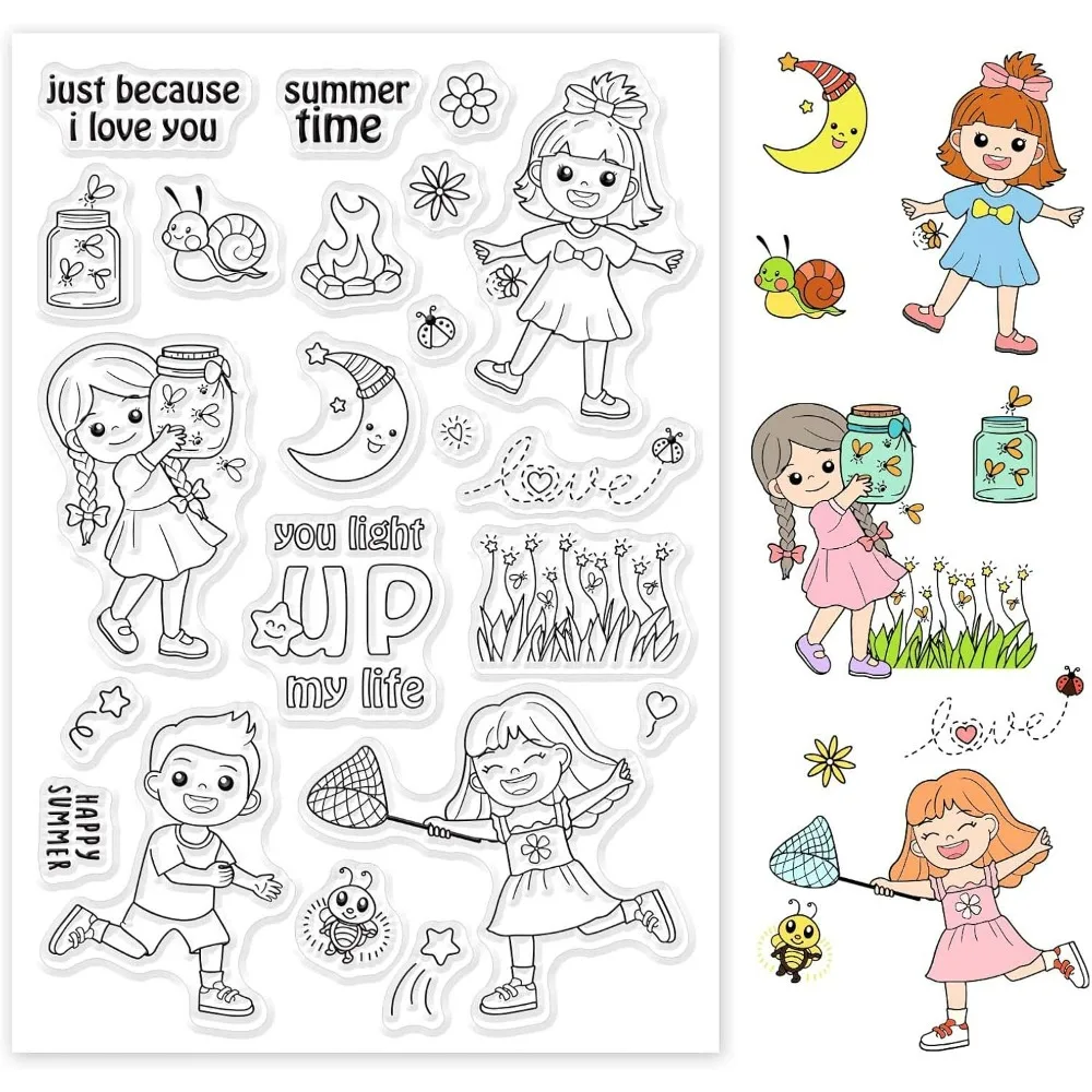 Summer Night Clear Stamps Lovely People Fireflies Transparent Stamps for Holiday Greeting Cards Diary Joural Making DIY