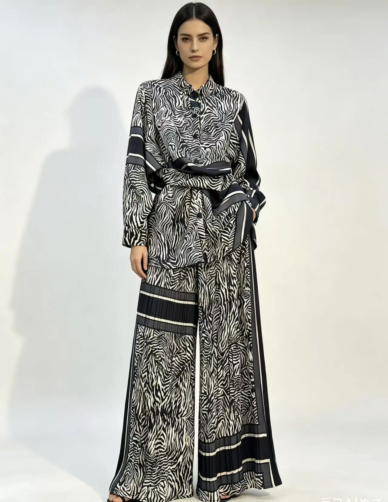 Women Zebra Stripe Printed Two Piece Outfit Lapel Long Sleeve Belted Shirt High Waist Wide Leg Pants Elegant Casual Office Suit
