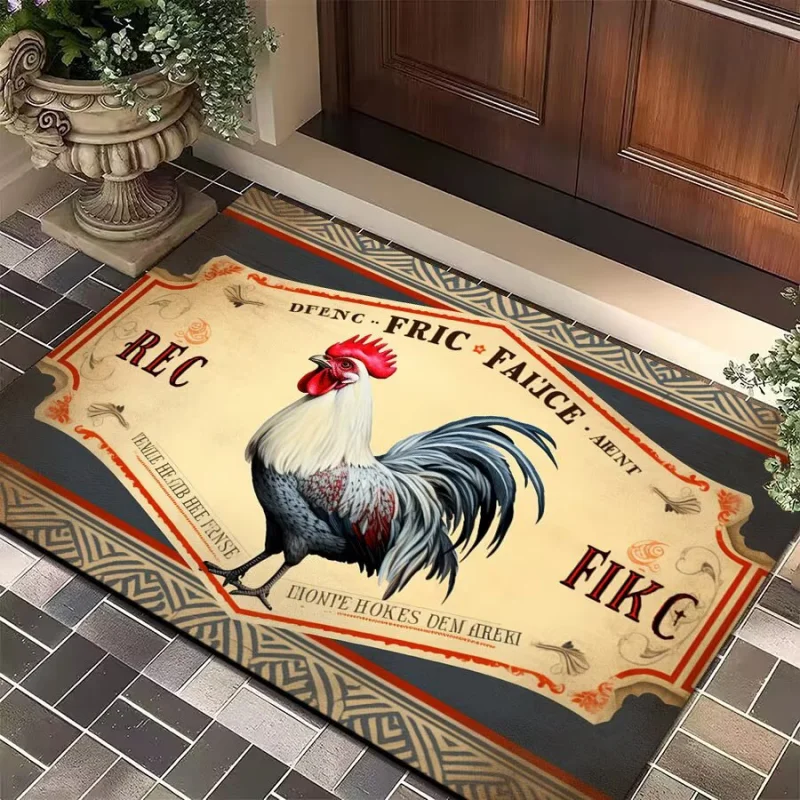 VIKAMA Vintage Rooster Label Farm Rustic Chicken Country Animal Art Flannel Door Mat Non Slip Entryway Bedroom Living Room Home