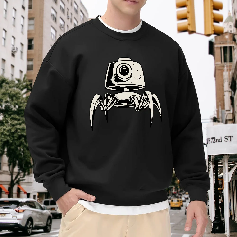 

Men's Black Crew Neck Loose Sweatshirt with Cartoon Robot Print, Casual Street Style, Versatile for Everyday Wear, Comfortable and Breathable