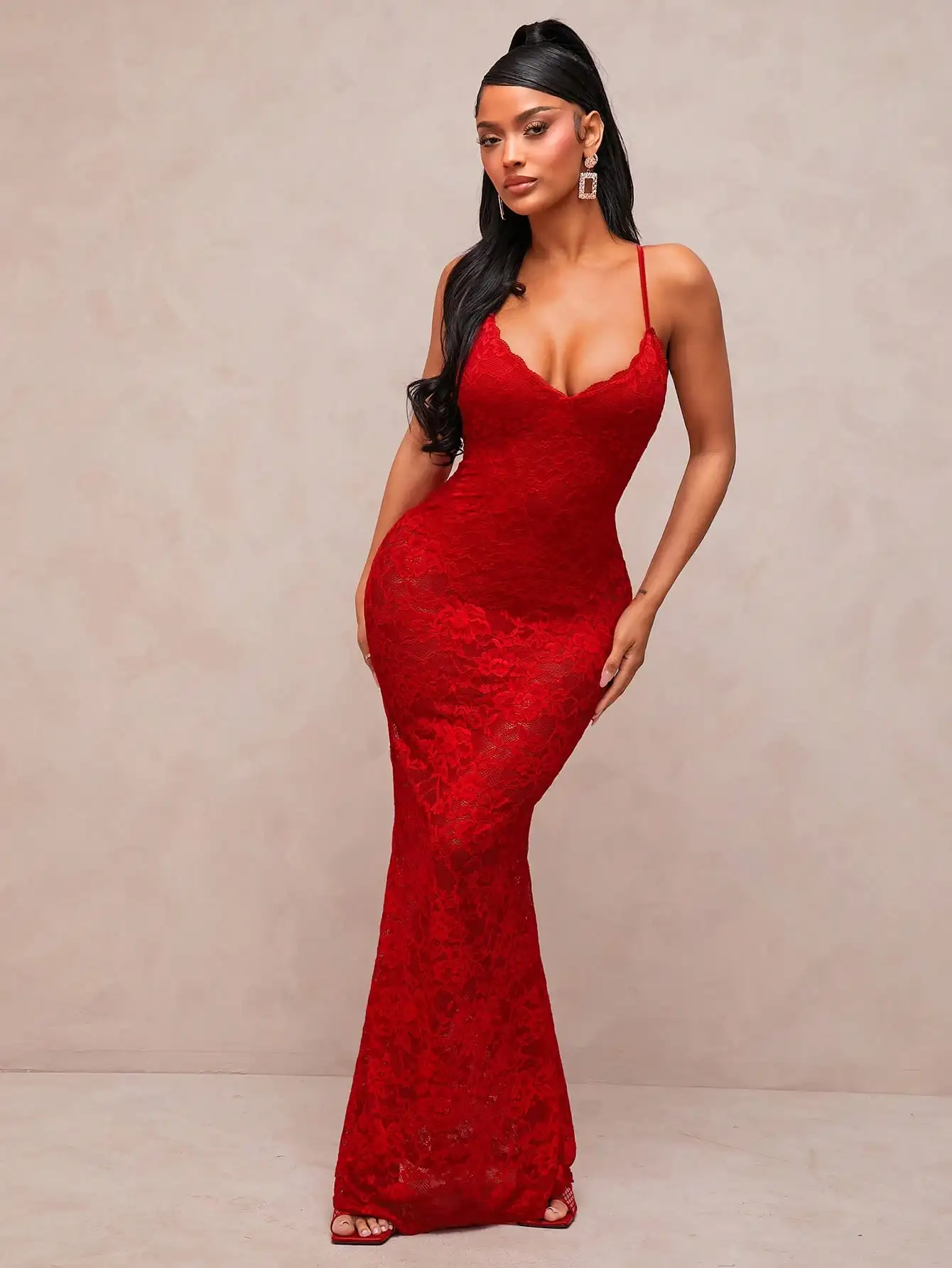 

Red Lace Spaghetti Strap Maxi Dress for Evening, Holiday & Formal Events