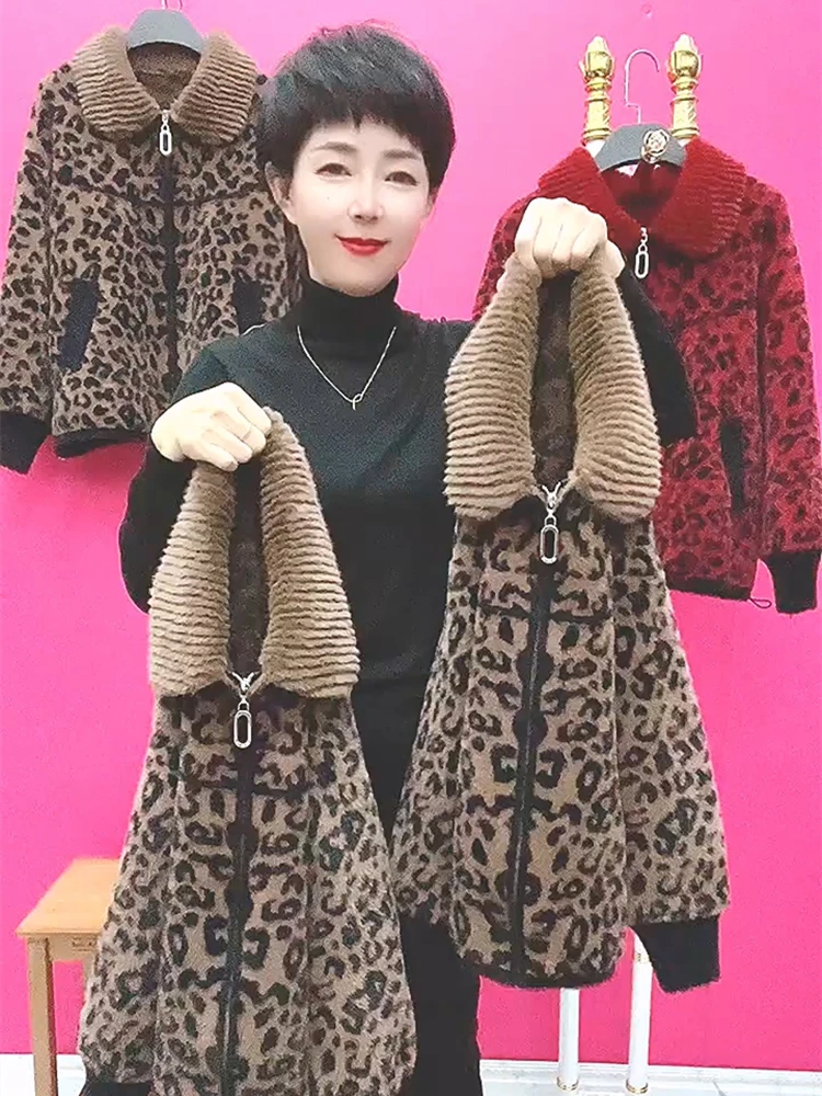 

Faionable Mom Coat Женское осенне-зимнее Thiened ort Sle Открытый кардиган с леопардовым принтом Верхняя одежда Топ для среднего возраста La...