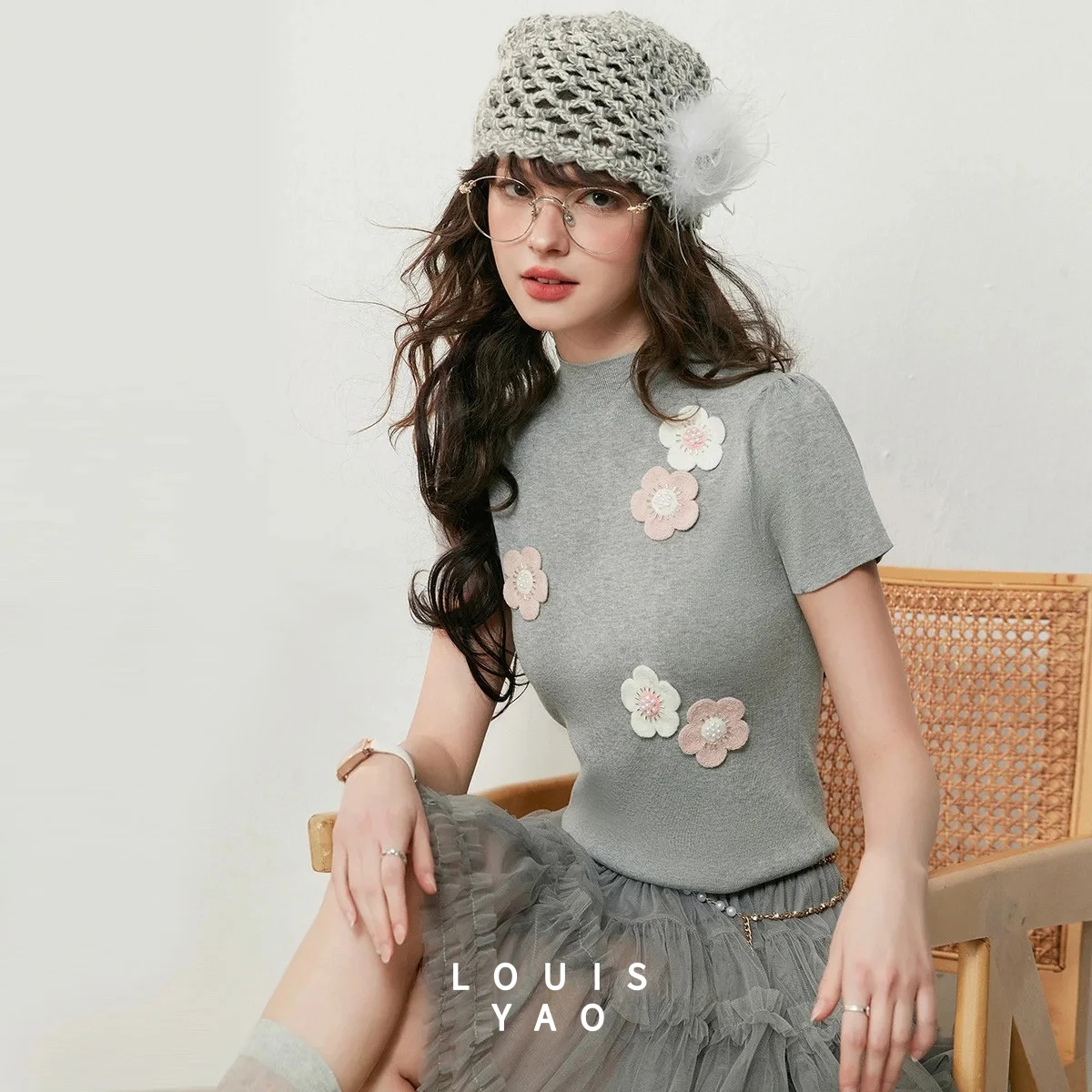 

LOUISYAO Flower Nail Bead Short Sleeved Pullovers 2025 Autumn Top High Neck Lyocell Fabric Women's Knitted Sweater