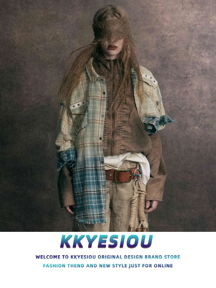 KKyesiou American Retro Plaid Gradient Casual Long Sleeve Shirt Men's Women's Worn out Hem Couple's Jacket Coat Youth Trend C...