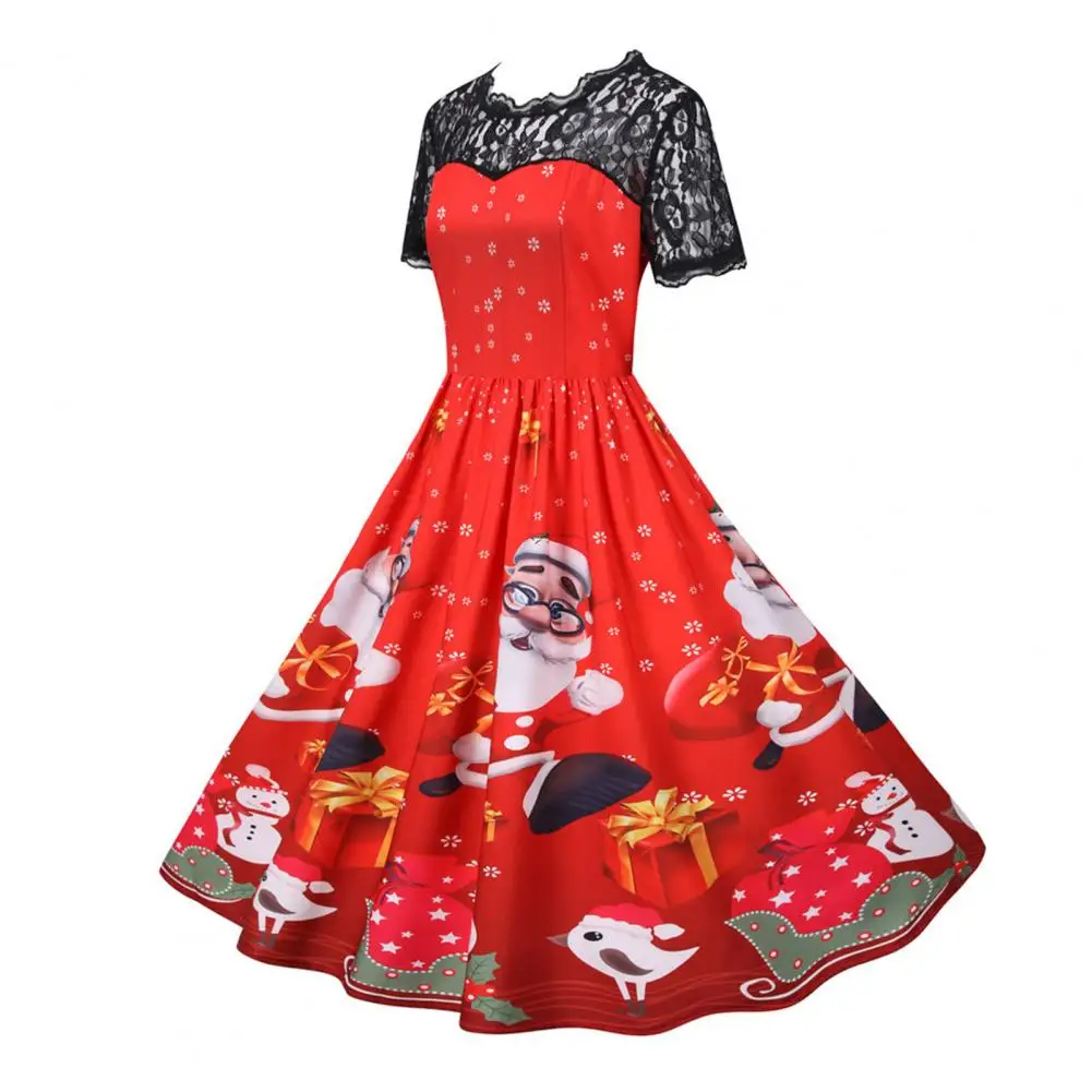 Christmas Dress Women Big Swing Cartoon Santa Snowflake Print Short Sleeve See-through Lace Lady New Year Party Evening Dress