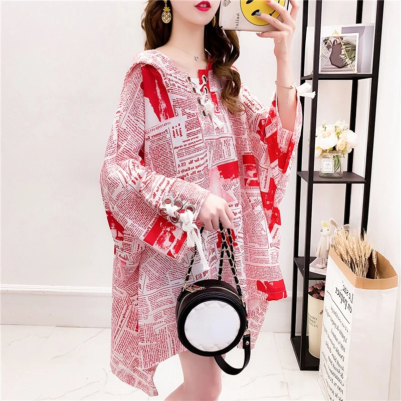 Summer New Lacing Hollow Oversized T Shirt Tops Medium Long Print Irregular Hooded Pullovers Casual Vintage Women Clothing