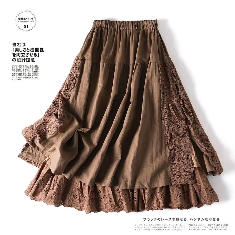 Vintage Chic Embroidery Linen Cotton Long Skirts Women Summer Elastic High Waist Pleated Maxi Skirt Female Elegant A-Line Skirt