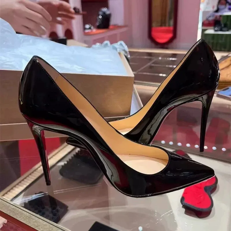 NEW Classic Women's Sexy Black Patent Pointed-Toe Stiletto High Heels Elegant Shallow Mouth Office & Party Footwear Big Size46