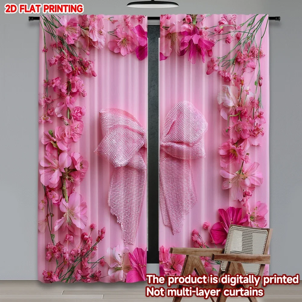 2pcs Pink Bow Flower Curtains 2D Flat Digital Printing,3D Embossed Effect with Large Ribbon for Romantic Sweet Style Living Room