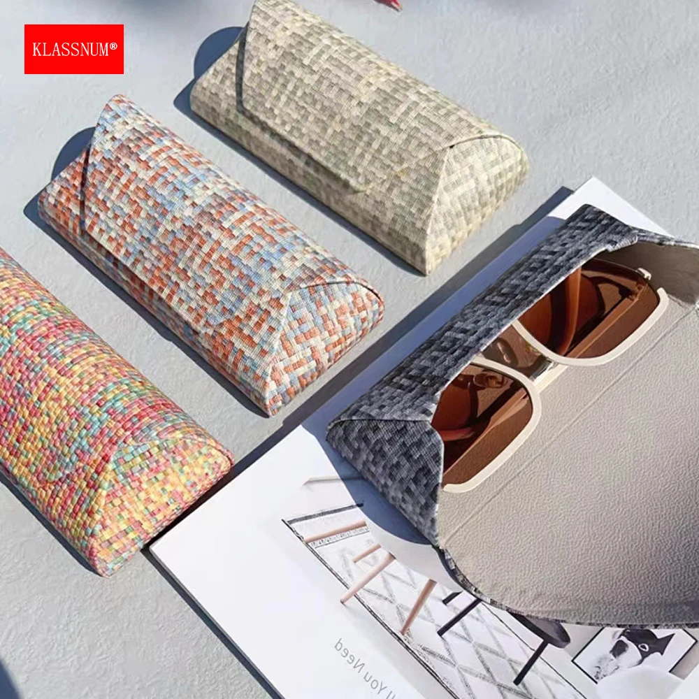 KLASSNUM Hard PU Leather Eyeglass Case Weaving texture design Retro Myopia Reading Glasses Protective Holder Rigid Glasses Cover