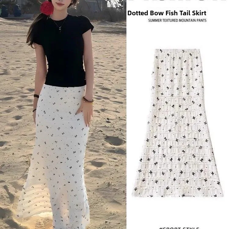 

Белая юбка с цветочным узором и узлом, женская, летняя, 2025, новая, с завышенной талией, приталенная, А-силуэт, с запахом, в корейском стиле, для повседневной носки