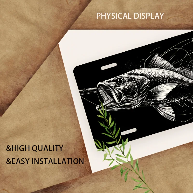2D Flat Car P Fishing Rod Black and White Fish Pattern Front License Plate, Aluminum License Plate Cover and Frame