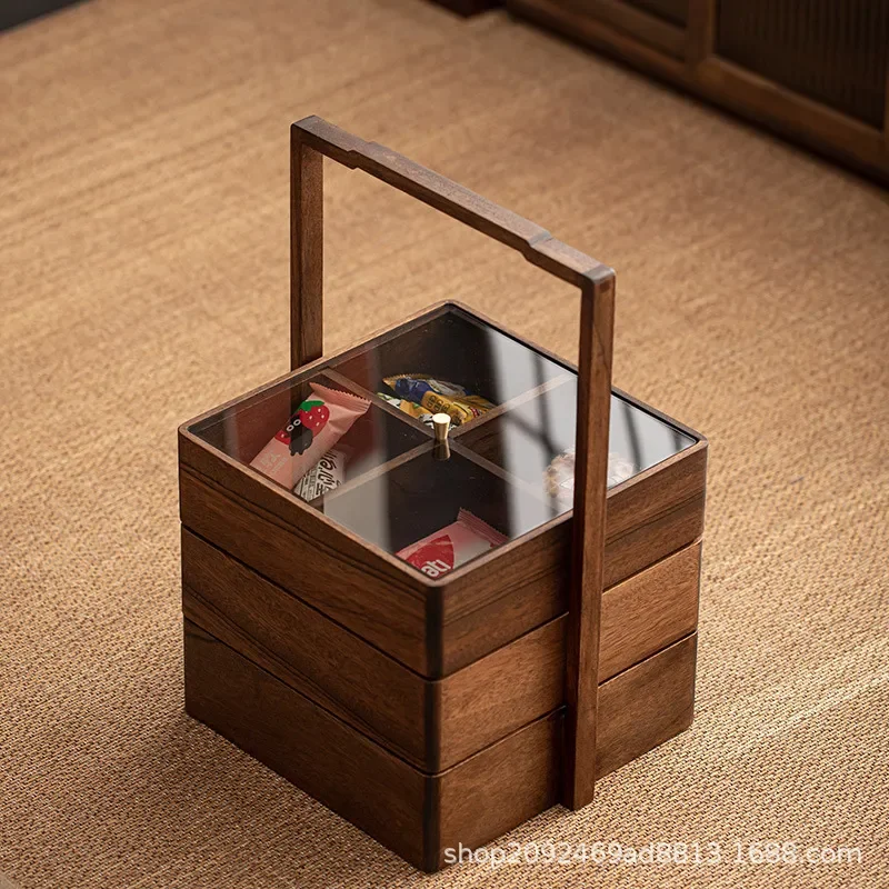 Walnut Solid Wood Chinese Dried Fruit Box Sigong Grid Full Box Candy Snack Box Multi Layer Portable Grid Fruit Plate
