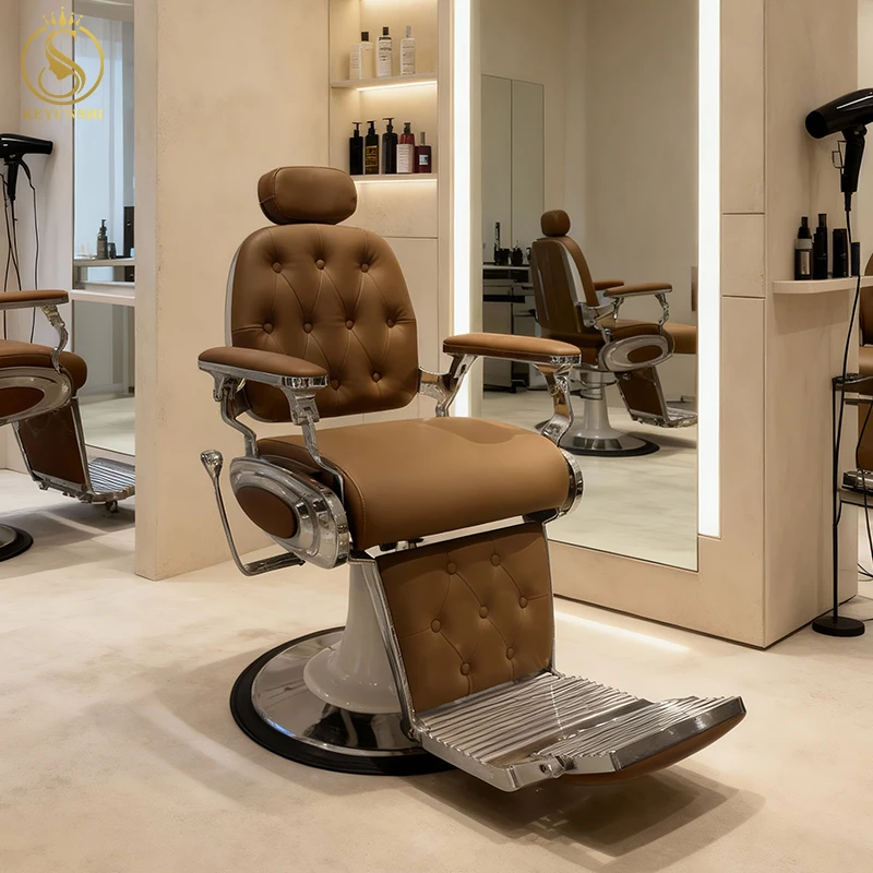 Premium Brown Leather Professional Heavy Duty Hydraulically Adjustable Reclining Luxury Retro Men's Barber Shop Chair