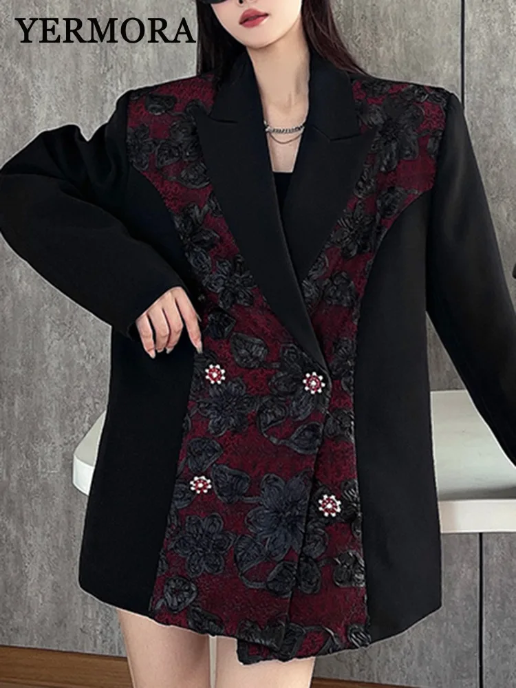 YERMORA Women's Black Patchwork Flower Casual Blazer Lapel Long Sleeve Loose New Jacket Fashion Tdie Spring Autumn 2025