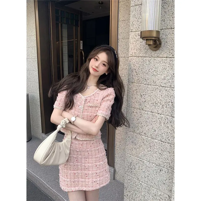 Chic Style Two-Piece Set for Women Female Lady, Summer New Korean Elegant Single-Breasted Top + Pink Pencil Skirt for Petite