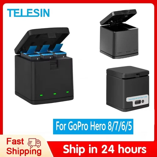 TELESIN cargador de batería portátil 3 ranuras luz LED cargador de batería caja de almacenamiento Cable tipo C para GoPro Hero 5 6 7 8 cámara negra