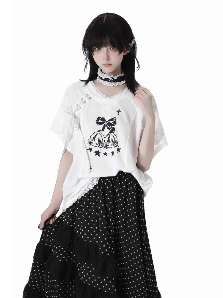 2025年夏 ハイストリート ドット柄 ロングスカート ファッション 多用途 伸縮性 ハイウエスト Aライン フリル スプライシング イレギュラー ブラック スカート レディース