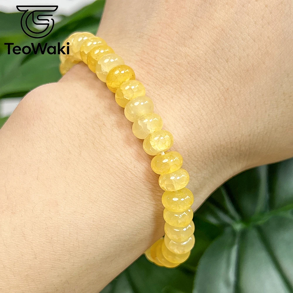 TeoWaki Natural Yellow Jade Crackle Crystal Stretch Bracelet Flat Oval Vein Beads Stackable Daily Jewelry Holiday Best Gift 19cm