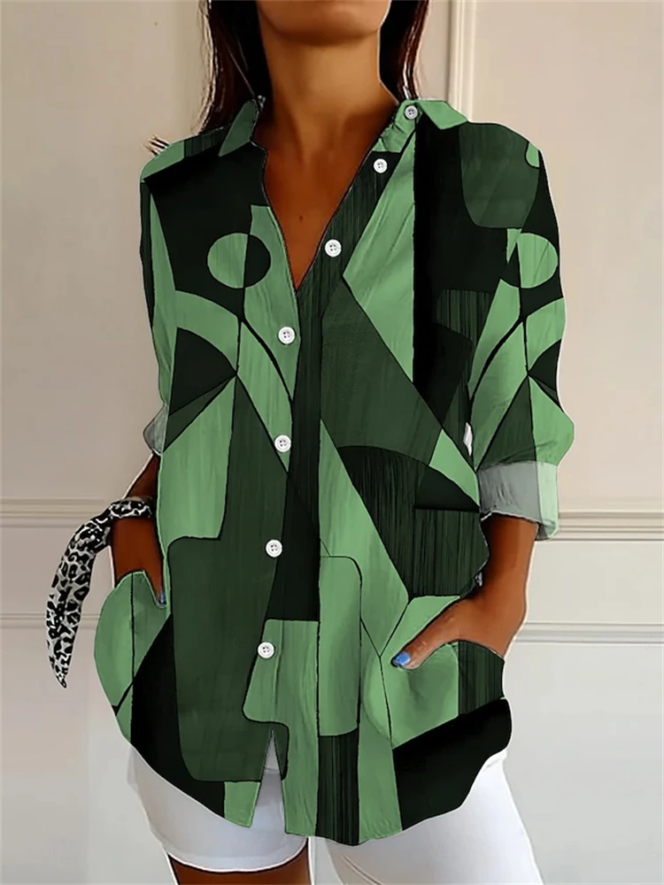 Fall Women's Shirts Geometric Patterns Abstract Prints Retro-Style Long-Sleeve Collared Shirts Workwear Button-Down Tops