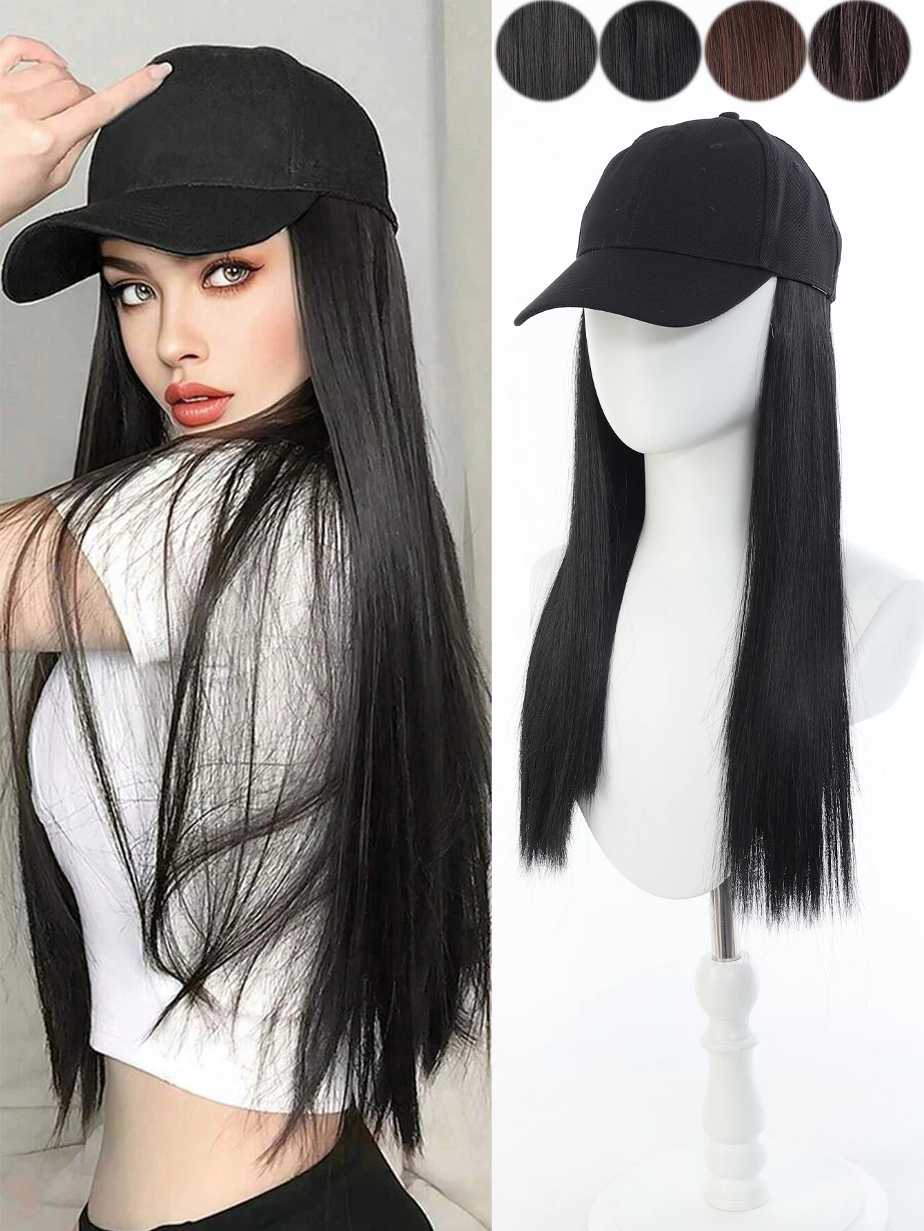 

1 шт., 18-дюймовая бейсболка для наращивания синтетических волос, парик, шляпа с шиньонами, черный цвет, для женщин, Рождество, Новый год, карнавальная музыка