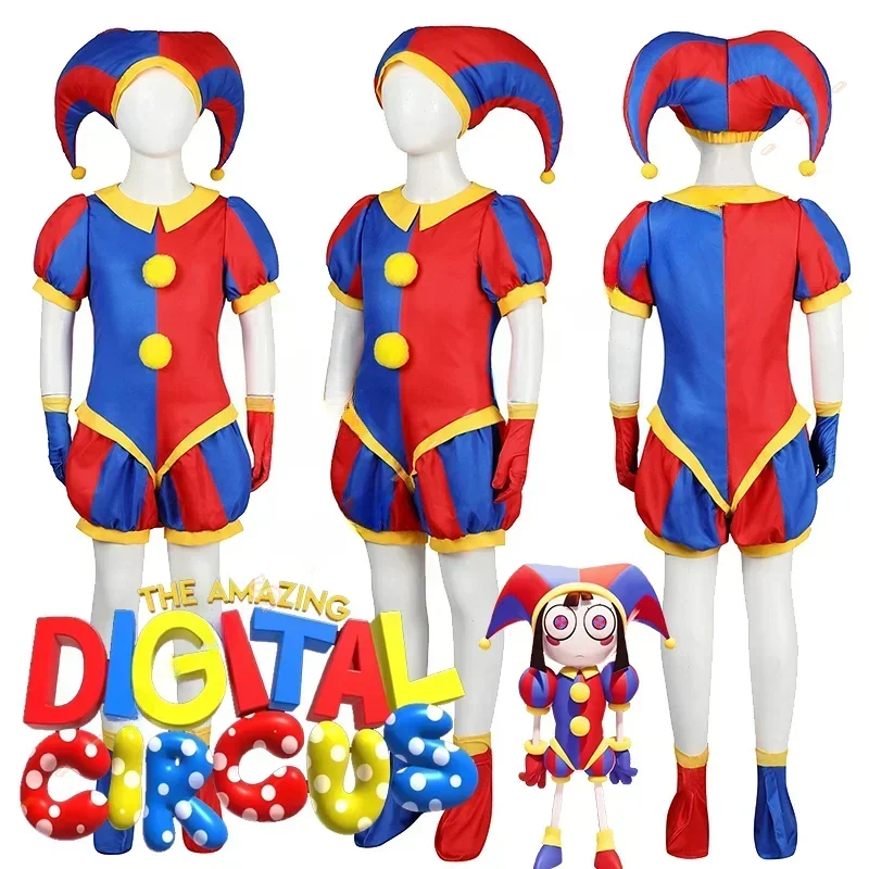 

SN66 Pomni Cosplay Costume The Amazing Digital Circus Outfit Cartoon Uniform Hat Gloves Halloween Party for Women Men Kids PW&C@