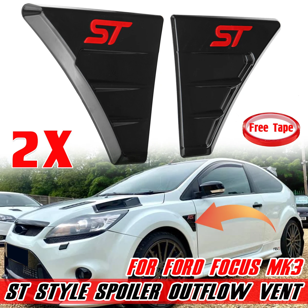 2x ST Style ABS Car Side Wing Fender Door Air Flow Grill Intake Vent Trim Side Vent Fender Decor Sticker For Ford For Focus MK3