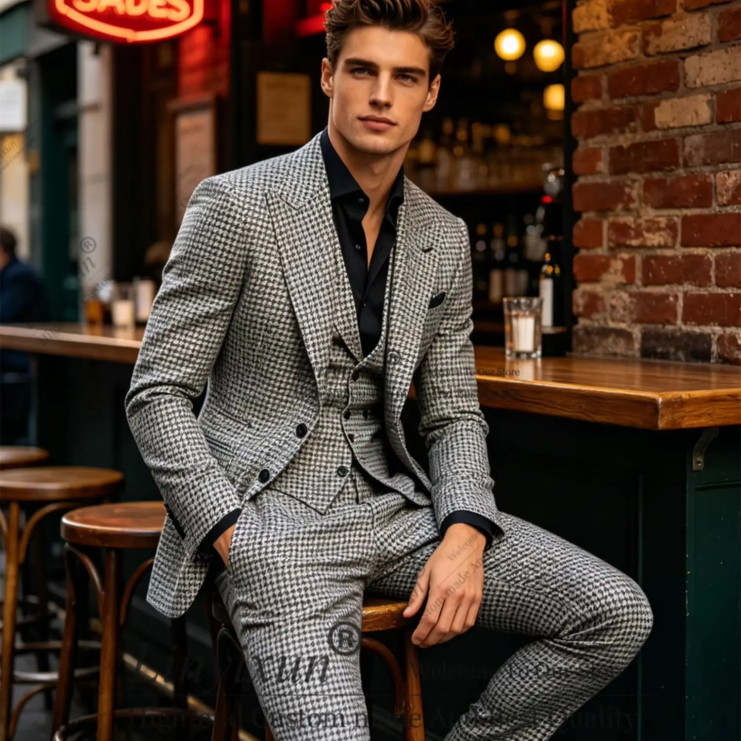 Handsome Premium Middle Houndstooth Mens Suits Customized Tailored Mens Designer Clothes Mens Blazer Pattern ropa hombre