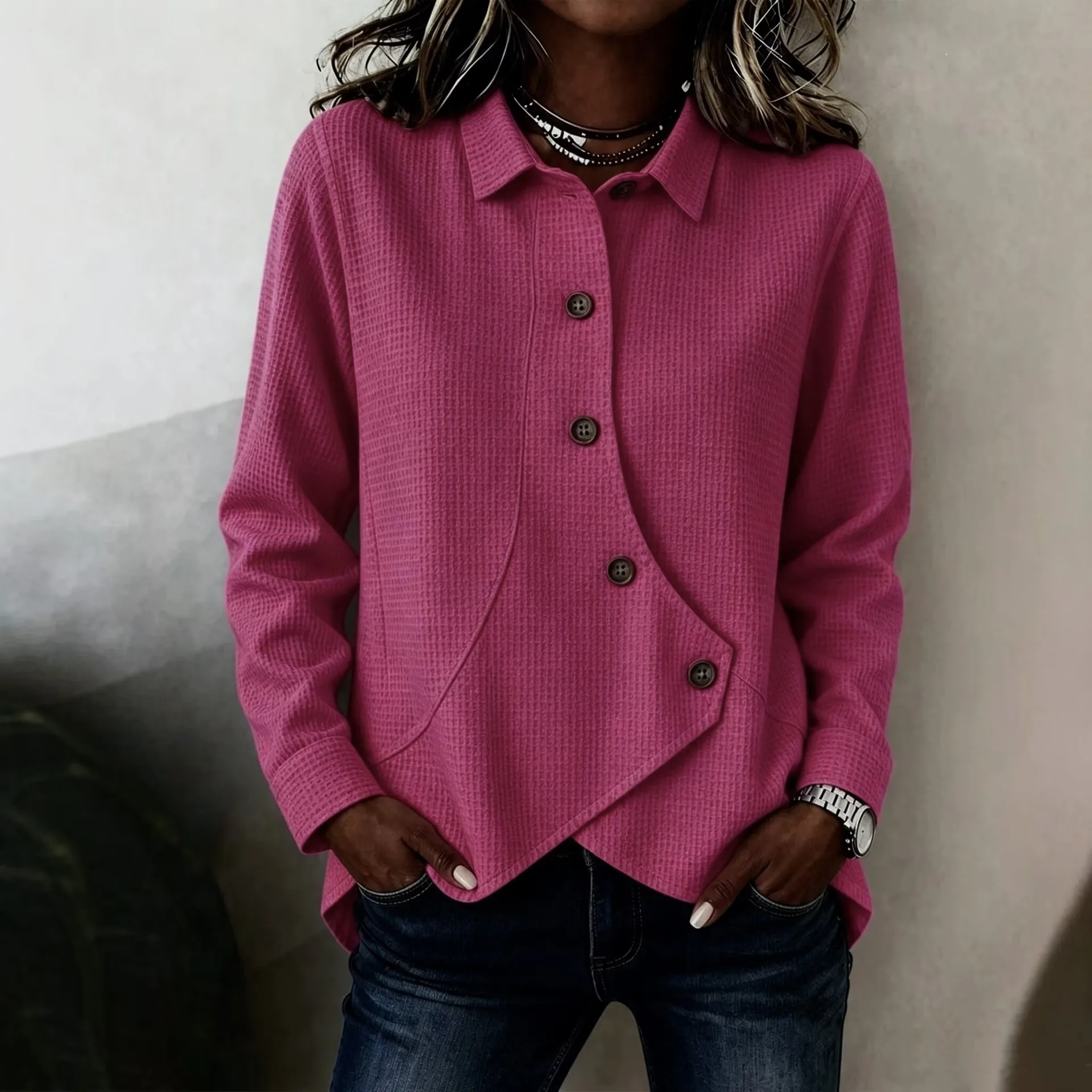 Casual Loose Irregular Shirt Autumn Winter Solid Waffle-pattern Top & Blouse Women Fashion Button Long Sleeve Shirts Tops Femme