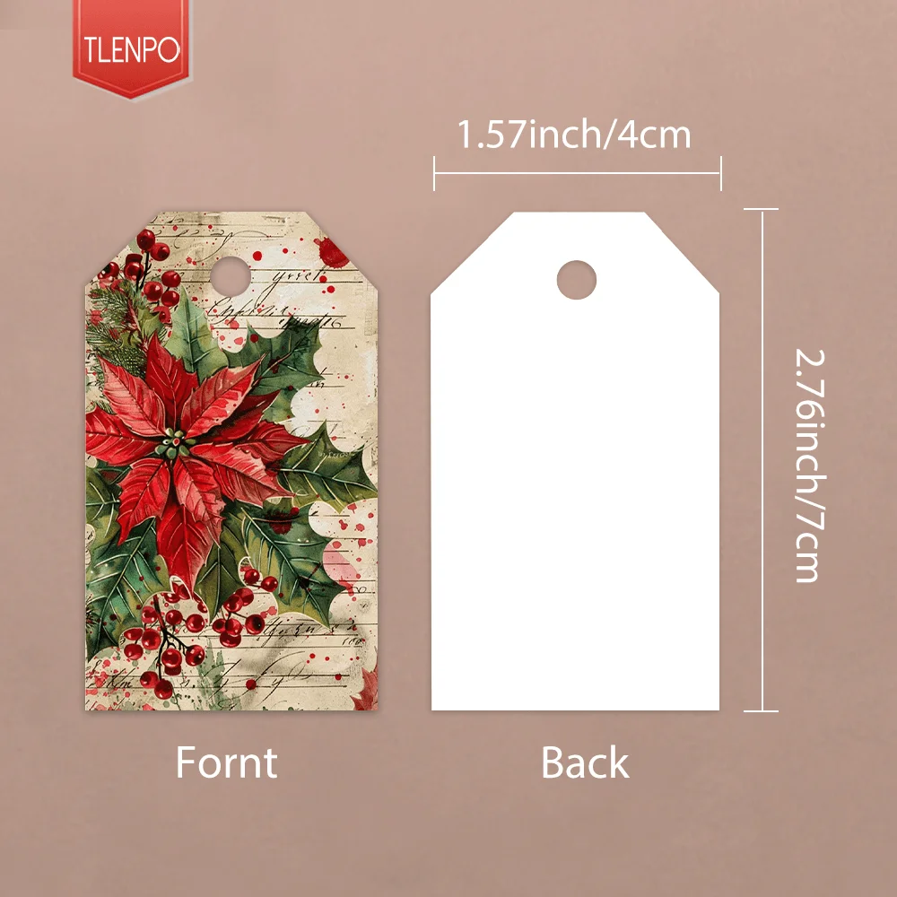 40pcs, Gift Tags, Vintage Poinsettia Christmas, Hanging Paper Labels for Gift Wrapping, Holiday Party Decor with String