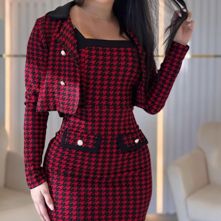 Dress Set Women Two Piece Sets Sling Short Dresses Elegant Splice Square Collar Bodycon Plaid Full Sleeve Coats Matching Sets