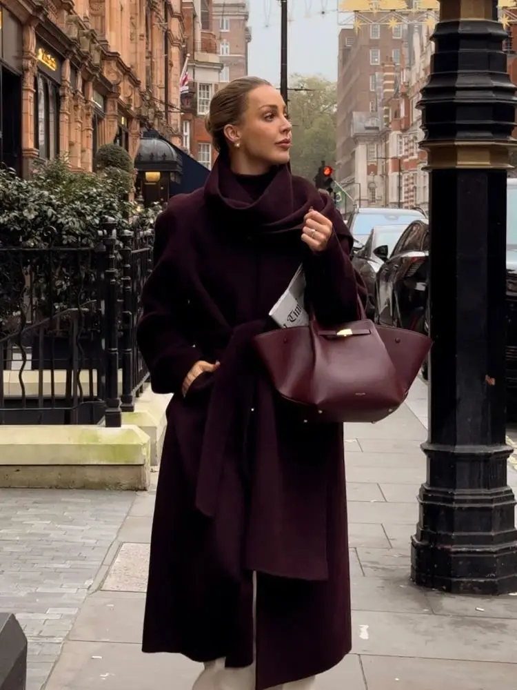 Elegant Burgundy Scarf Collar Wool Blends Overcoat Fashion Single Breasted Coats With Belt New Lady Commuting Street Outerwear