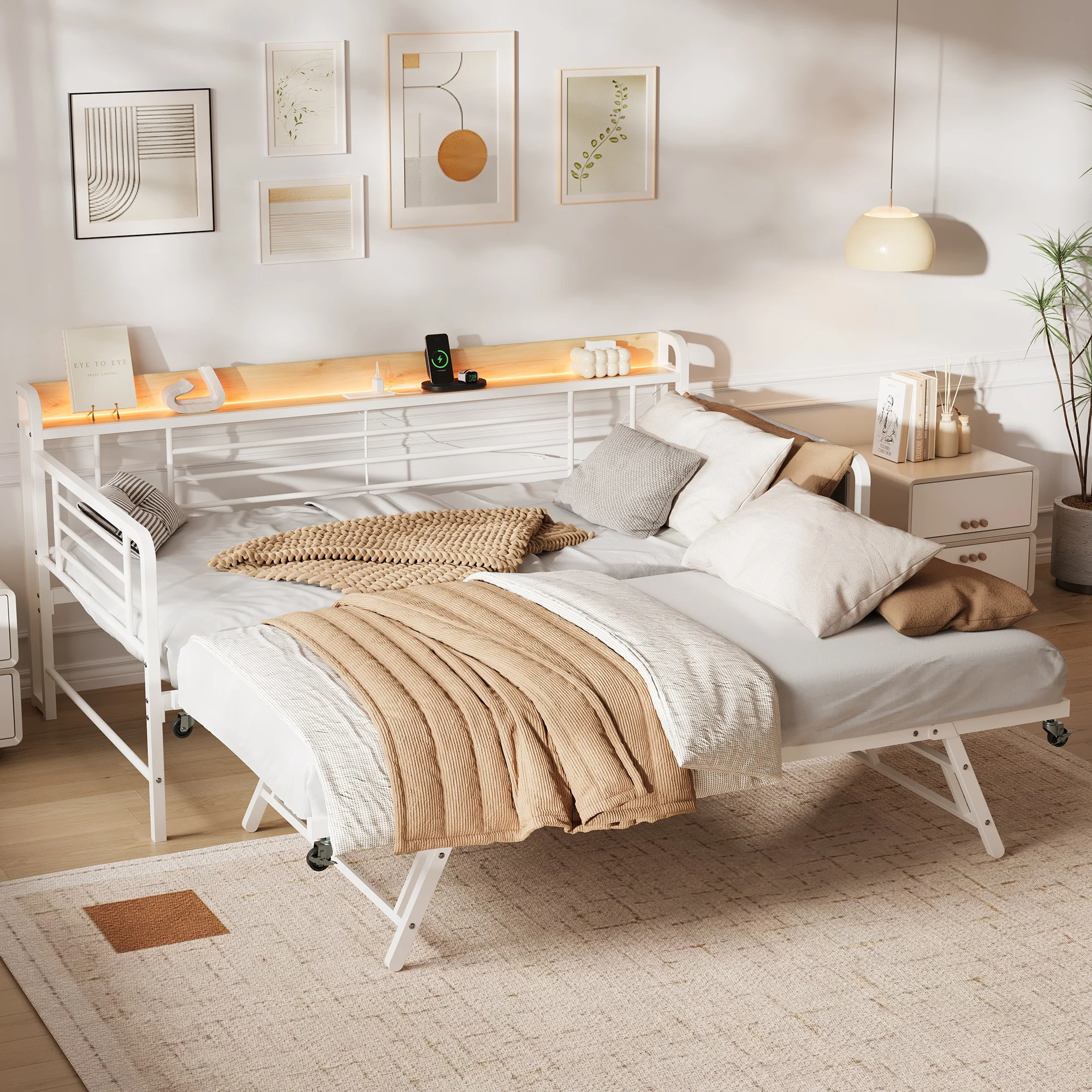 Twin Daybed with Trundle & Storage Headboard – Built-in Charging Station, Convertible to King Size, 900 lbs Capacity – Heavy Duty Metal Guest Bed for Bedroom or Living Room – White