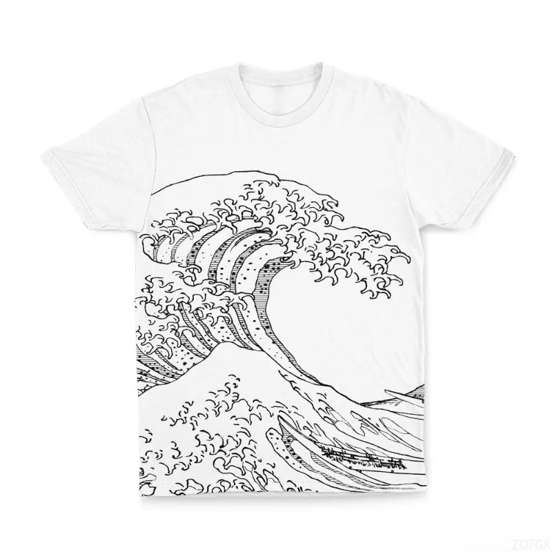 

New Japanese Kanagawa Ukiyo-style Printed T-shirt Street Style Women's T-shirt Traditional Wave Pattern Men's Top